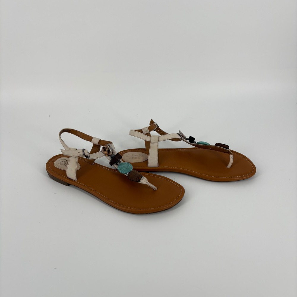 Clarks Artisan Womens 10M Beaded LeatherThong Sandals Cream Turquoise 26068305
